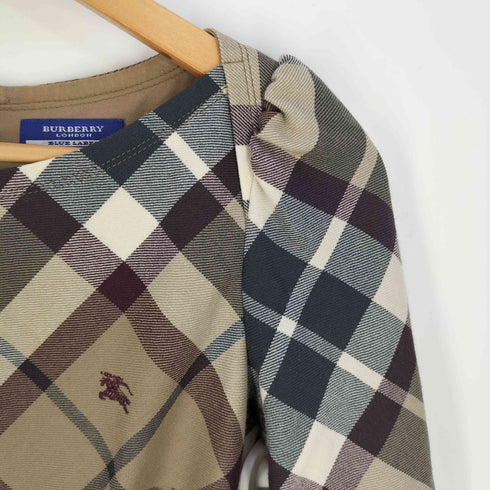 バーバリーブルーレーベル BURBERRY BLUE LABEL ロゴ刺繍 ノバチェック パフスリーブ 七分袖 ギャザー ベルテッドワンピース レディース 38