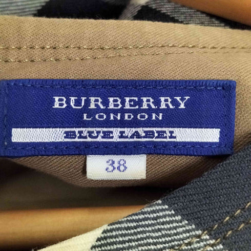 バーバリーブルーレーベル BURBERRY BLUE LABEL ロゴ刺繍 ノバチェック パフスリーブ 七分袖 ギャザー ベルテッドワンピース レディース 38