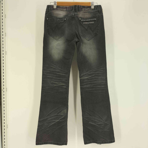 CHENGZHONGNIAO JEANS バック 刺繍 ロゴ ダメージ ブーツカット ブラック デニム パンツ Y2K レディース 29