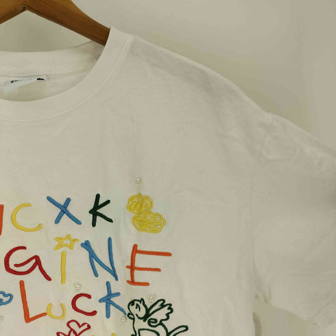 NCXK ENGINE マルチカラー ロゴ 刺繍 パール 装飾 クルーネック Tシャツ 韓国 レディース import:L