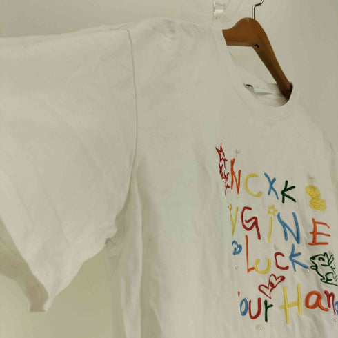 NCXK ENGINE マルチカラー ロゴ 刺繍 パール 装飾 クルーネック Tシャツ 韓国 レディース import:L