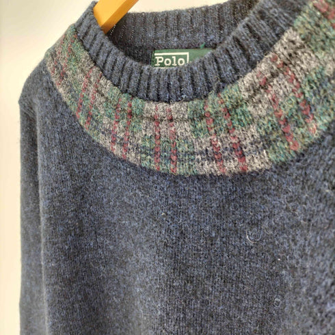 ポロバイラルフローレン Polo by RALPH LAUREN 80-90S 緑タグ チェック ライン メランジ ウール クルーネック ニット セーター メンズ import:L