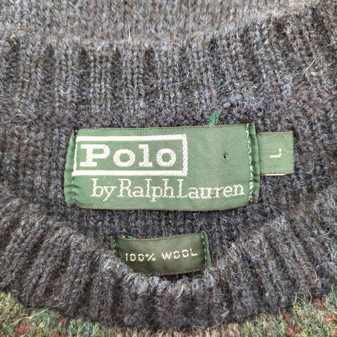 ポロバイラルフローレン Polo by RALPH LAUREN 80-90S 緑タグ チェック ライン メランジ ウール クルーネック ニット セーター メンズ import:L