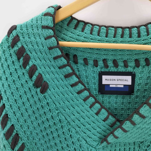 メゾンスペシャル MAISON SPECIAL Oni-Waffle Embroidery Prime-Over V-Neck Knit Pullover メンズ JPN:0