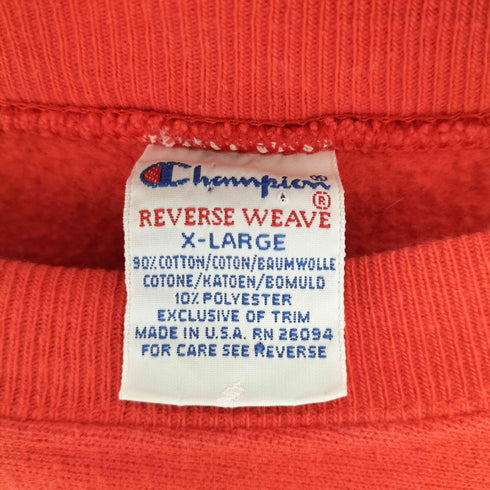 チャンピオン Champion 90S REVERSE WEAVE USA製 刺繍タグ ATHLETIC APPAREL ロゴ刺繍 クルーネックスウェット メンズ JPN:XL