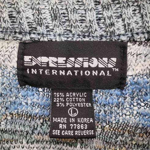 エクスプレッションズ EXPRESSIONS INTERNATIONAL 波状 総柄 アクリル コットン ポリ ミックスファブリック クルーネック ニット セーター メンズ import:L