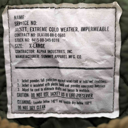 アルファインダストリーズ ALPHA INDUSTRIES 80S EXTREME COLD WEATHER JACKET IDEAL ジップ A-2 ナイロン デッキ ジャケット 1988年製 メンズ import:XL