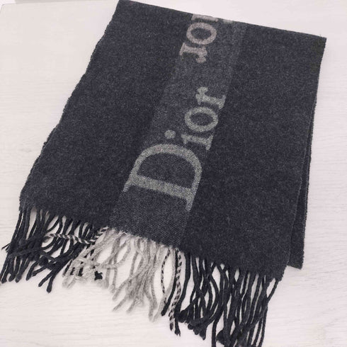 クリスチャンディオール Christian Dior スコットランド製 カシミヤ混 メリノウール ロゴ ライン フリンジ マフラー レディース