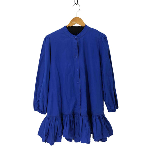 ザラ ZARA BLUISH RUFFLED SHIRT DRESS ステッチデザイン ノーカラーシャツワンピース レディース import:XL