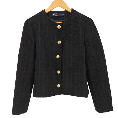 ザラ ZARA ノーカラー ツイードジャケット 金ボタン レディース import:M