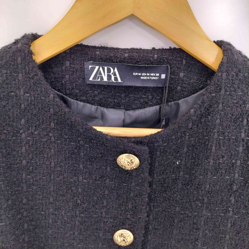 ザラ ZARA ノーカラー ツイードジャケット 金ボタン レディース import:M