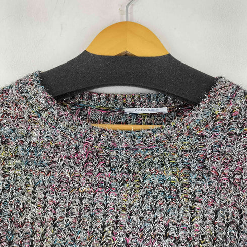 ザラ ZARA Shimmer Silver Multicolor Faux Fur Knit Sweater Top レディース US L