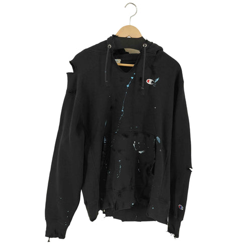 チャンピオン Champion 単色青タグ復刻 REVERSE WEAVE ダメージ x ペイント スウェットフーディ リメイク ブラック メンズ import:L