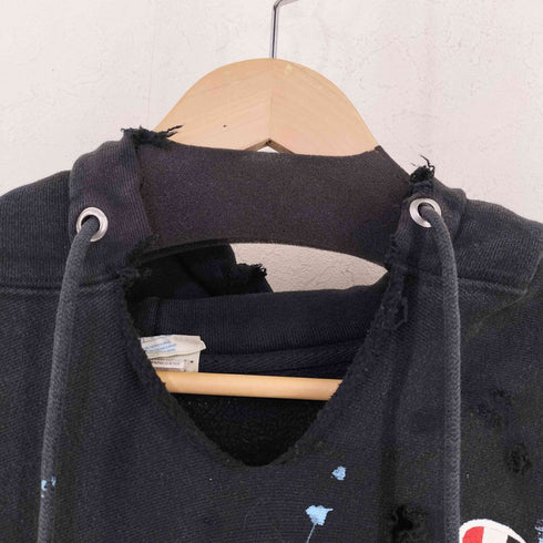 チャンピオン Champion 単色青タグ復刻 REVERSE WEAVE ダメージ x ペイント スウェットフーディ リメイク ブラック メンズ import:L