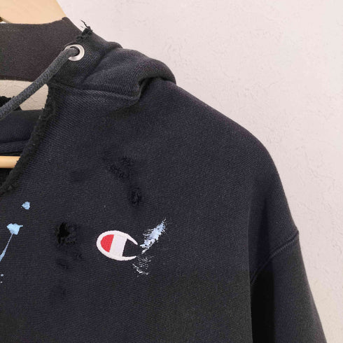 チャンピオン Champion 単色青タグ復刻 REVERSE WEAVE ダメージ x ペイント スウェットフーディ リメイク ブラック メンズ import:L