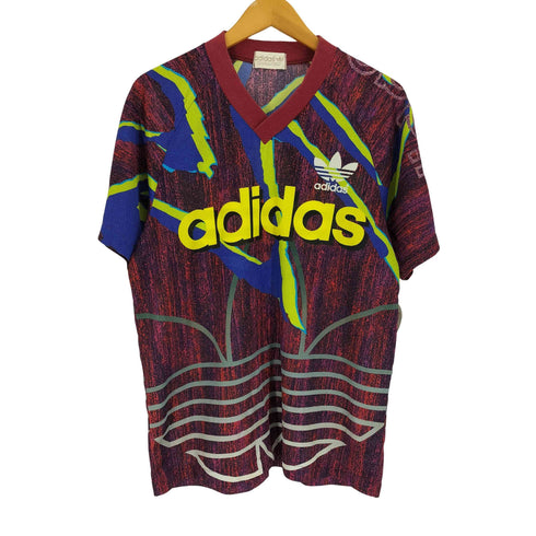 アディダス adidas 80-90S デサント製 金文字 タグ パフォーマンス ロゴ プリント 総柄 ゲーム シャツ メンズ M-L
