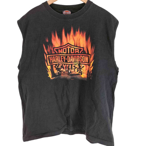 ハーレーダビッドソン HARLEY-DAVIDSON 00S USA製 コットン100 ファイアーパターン バックプリント ノースリーブ Tシャツ メンズ XL