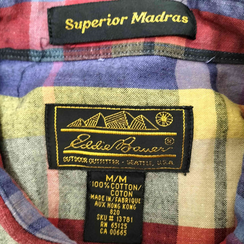 エディーバウアー Eddie Bauer 80-90S 黒タグ Superior Madras マルチカラー マドラスチェック B.D S/S シャツ メンズ import:M