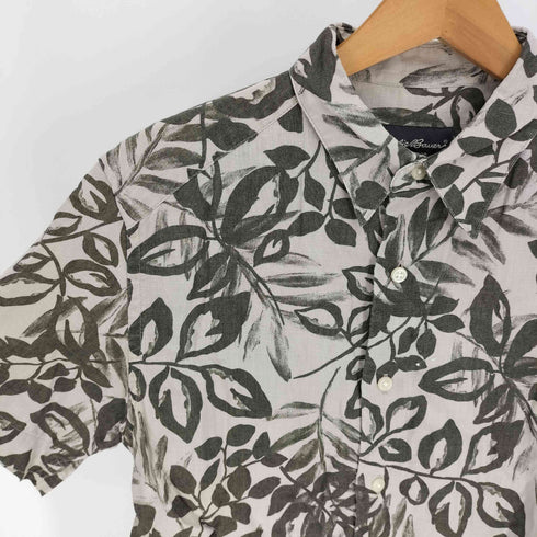 エディーバウアー Eddie Bauer 00S リーフ 総柄 リネン S/S アロハ シャツ メンズ import:XS