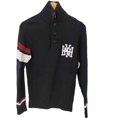 トミーヒルフィガー TOMMY HILFIGER 袖ロゴ トリコカラー ハイネック ハーフボタン長袖セーター レディース M