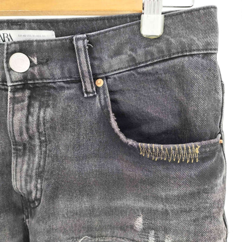 ザラ ZARA リペア 加工 ストレッチ テーパード ブラック デニム パンツ メンズ 31