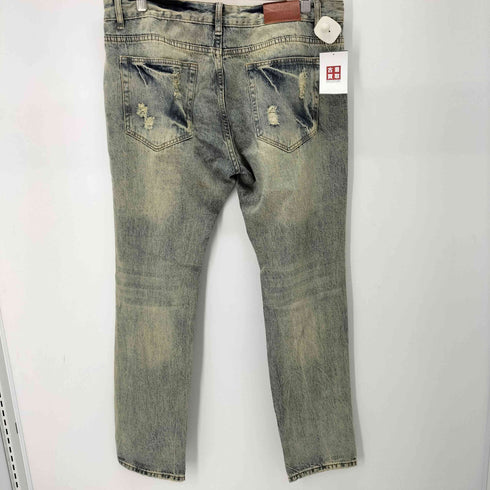 ダメージ加工 ワッペン ストレートデニムパンツ メンズ 38