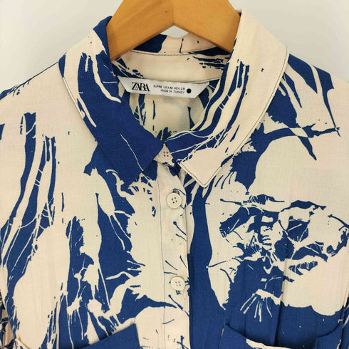 ザラ ZARA 総柄 ウエストベルト ハーフ ボタン レーヨン ミディ シャツ ワンピース レディース import:M