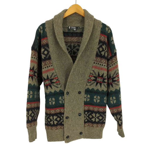 英国製 PURE NEW WOOL 総柄 くるみボタン ショールカラー ウール ニット カーディガン メンズ import:M