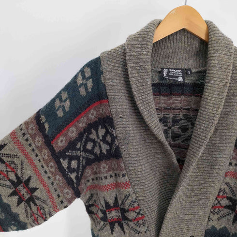 英国製 PURE NEW WOOL 総柄 くるみボタン ショールカラー ウール ニット カーディガン メンズ import:M