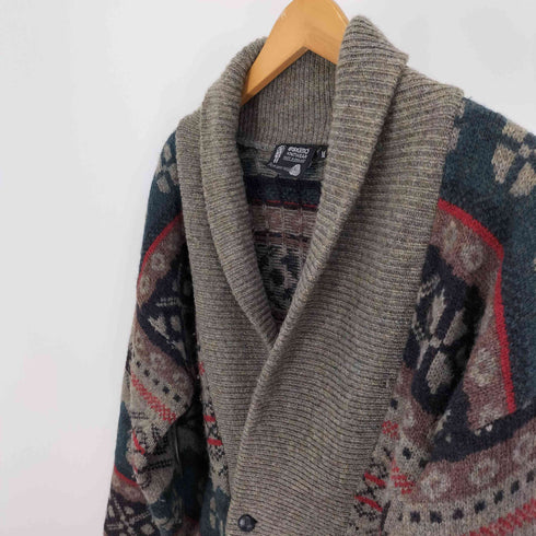 英国製 PURE NEW WOOL 総柄 くるみボタン ショールカラー ウール ニット カーディガン メンズ import:M