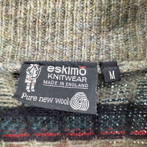 英国製 PURE NEW WOOL 総柄 くるみボタン ショールカラー ウール ニット カーディガン メンズ import:M