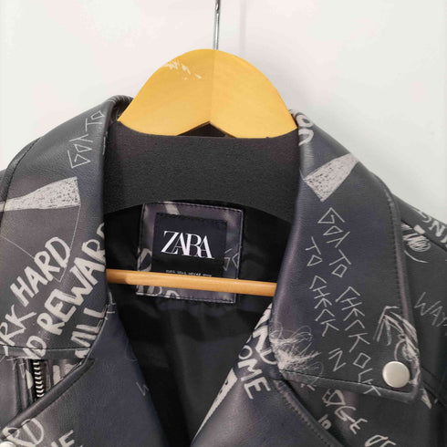 ザラ ZARA FAUX LEATHER PRINTED DOUBLE RIDERS JACKET ペイントデザインダブルライダースジャケット メンズ import:L