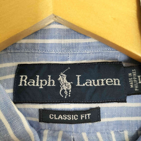 ラルフローレン RALPH LAUREN CLASSIC FIT ポニー刺繍 リネン ボタンダウン ストライプ シャツ メンズ import:L