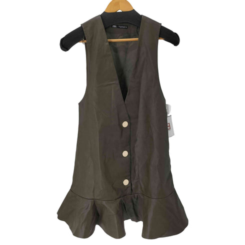 ザラ ZARA Green Faux Leather Ruffled Pinafore Dress レディース import:XS