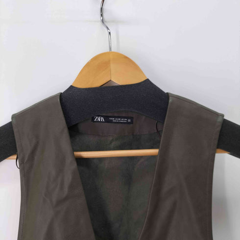 ザラ ZARA Green Faux Leather Ruffled Pinafore Dress レディース import:XS