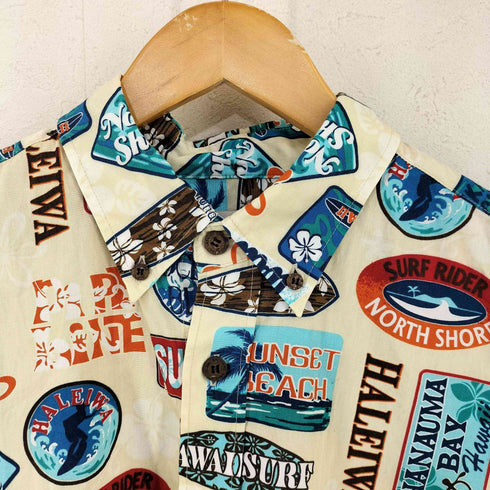 ISLAND BROTHER オールオーバープリント ウッドボタン BDハワイアンシャツ HAWAII SURF メンズ JPN:L