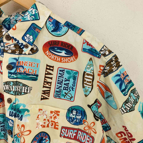 ISLAND BROTHER オールオーバープリント ウッドボタン BDハワイアンシャツ HAWAII SURF メンズ JPN:L
