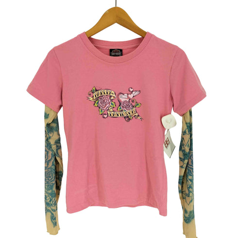 ハーレーダビッドソン HARLEY-DAVIDSON バラ ハート プリント セカンドスキン フェイク レイヤード クルーネック Tシャツ レディース XL 16