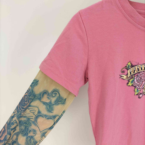 ハーレーダビッドソン HARLEY-DAVIDSON バラ ハート プリント セカンドスキン フェイク レイヤード クルーネック Tシャツ レディース XL 16