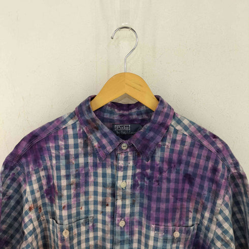 ポロバイラルフローレン Polo by RALPH LAUREN ポニー無し US-RL NAVAL RES 両ポケ 猫目ボタンチェックシャツ リメイク 染め メンズ import:XL