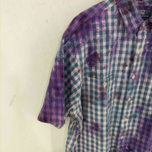 ポロバイラルフローレン Polo by RALPH LAUREN ポニー無し US-RL NAVAL RES 両ポケ 猫目ボタンチェックシャツ リメイク 染め メンズ import:XL