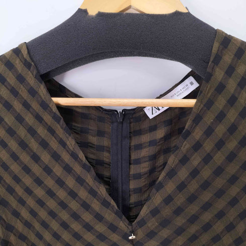 ザラ ZARA Midi Khaki black check print dress チェック柄プリントドレス レディース import:S