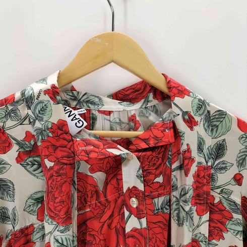 ガニー Ganni タイネック フローラルプリントストレッチシルクサテン ブラウス レディース S/M