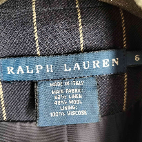 ラルフローレン RALPH LAUREN 00S イタリア製 リネン混 ウール ストライプ 2B テーラードジャケット 紺ブレ レディース 6