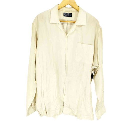 ポロバイラルフローレン Polo by RALPH LAUREN 90s リネン61 シルク39 紺裾ポニー オープンカラー 長袖シャツ メンズ import:L