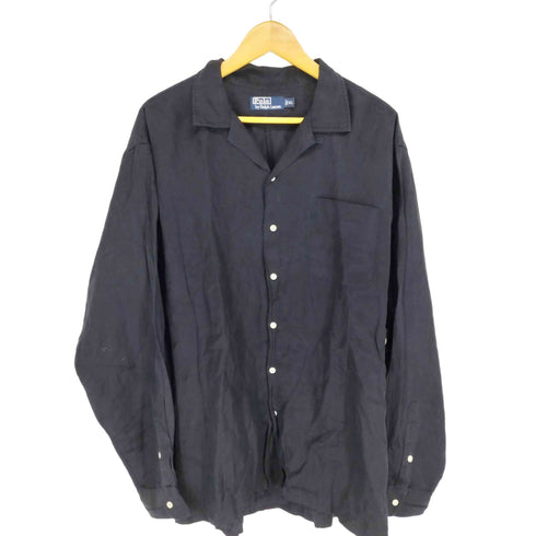 ポロバイラルフローレン Polo by RALPH LAUREN 90s リネン61 シルク39 紫裾ポニー オープンカラー 長袖シャツ メンズ import:XL
