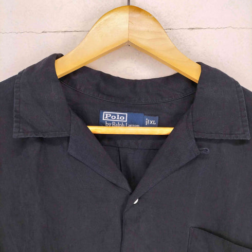ポロバイラルフローレン Polo by RALPH LAUREN 90s リネン61 シルク39 紫裾ポニー オープンカラー 長袖シャツ メンズ import:XL