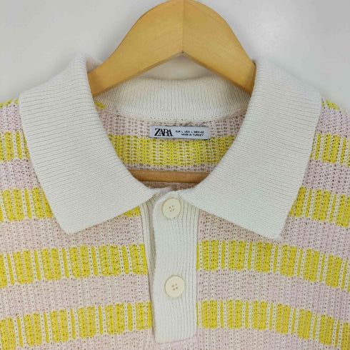 ザラ ZARA ボーダー コットン リブニットポロシャツ メンズ import:L