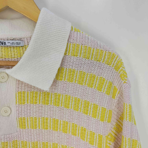 ザラ ZARA ボーダー コットン リブニットポロシャツ メンズ import:L