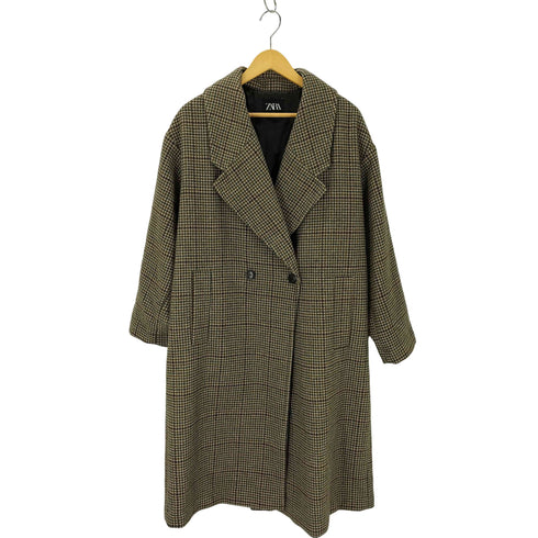 ザラ ZARA チェック柄 ウール オーバーサイズ ダブルチェスターコート レディース import:XS